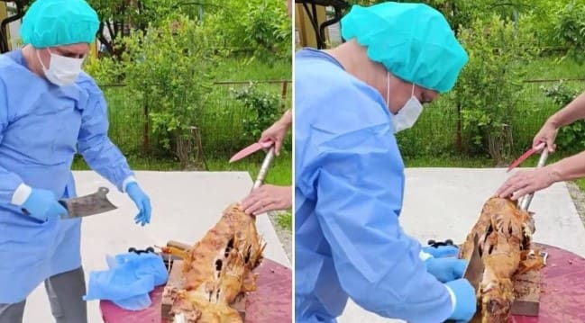 Ovo ima samo kod nas: Obukao se kao HIRURG, a potom “operisao” pečeno jagnje (VIDEO)