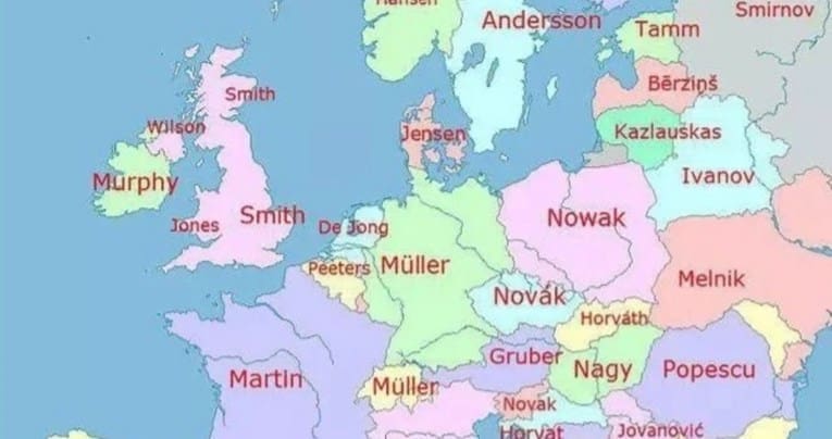 Karta najčešćih prezimena u zemljama Evrope