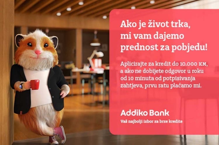Addiko banka Banja Luka poklanja prvu ratu za kredit do 10.000 KM ako na zahtjev ne odgovori za 10 minuta