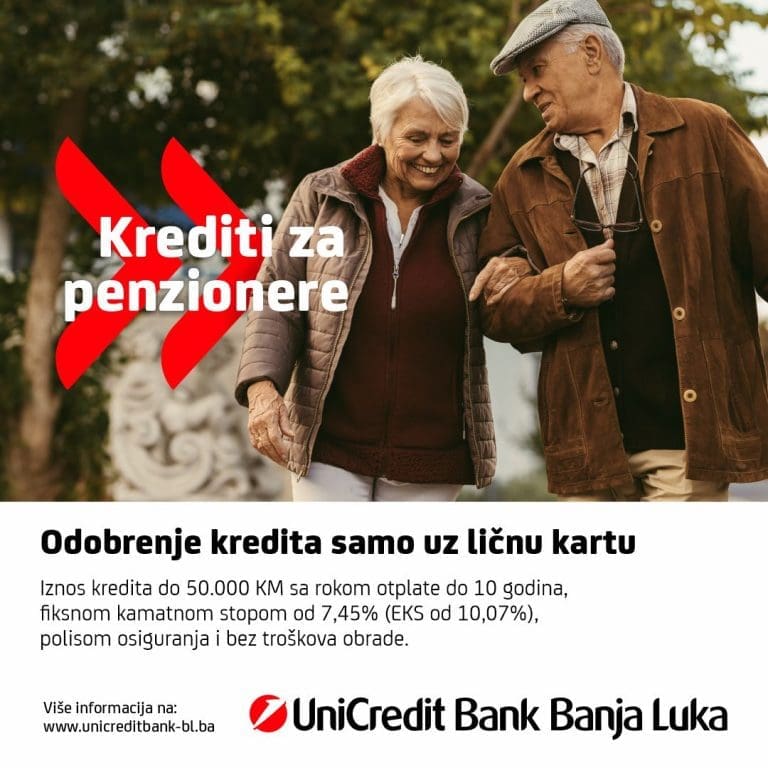 UniCredit Bank Banja Luka predstavlja posebnu ponudu kredita za penzionere – fiksna kamatna stopa i odobrenje kredita samo uz ličnu kartu