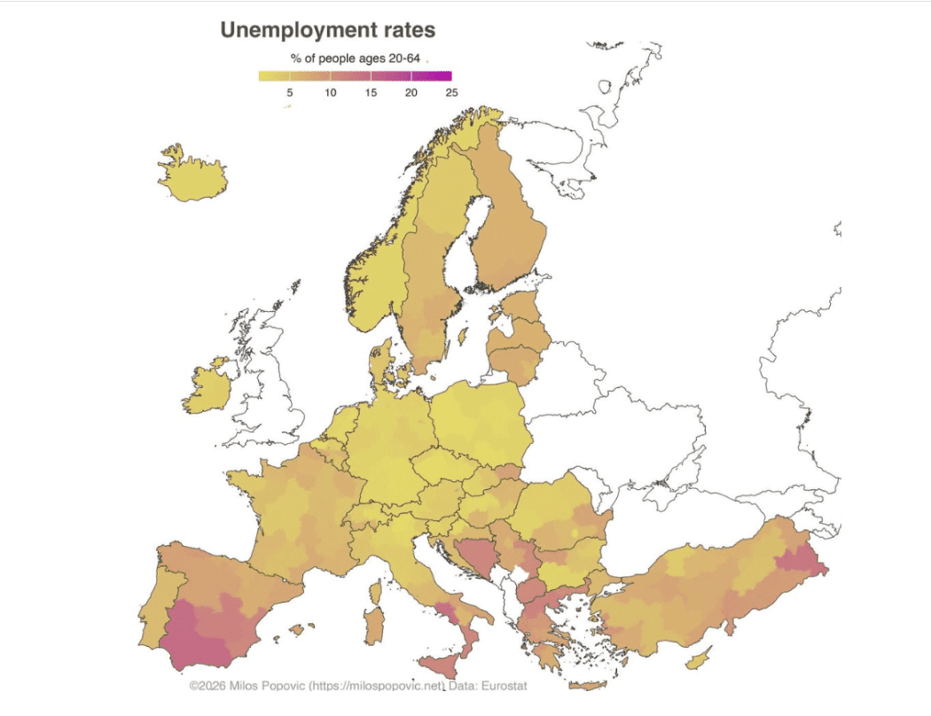 Eurostat mapa nezaposlenosti u Evropi po regijama 2026 - autor Miloš Popović